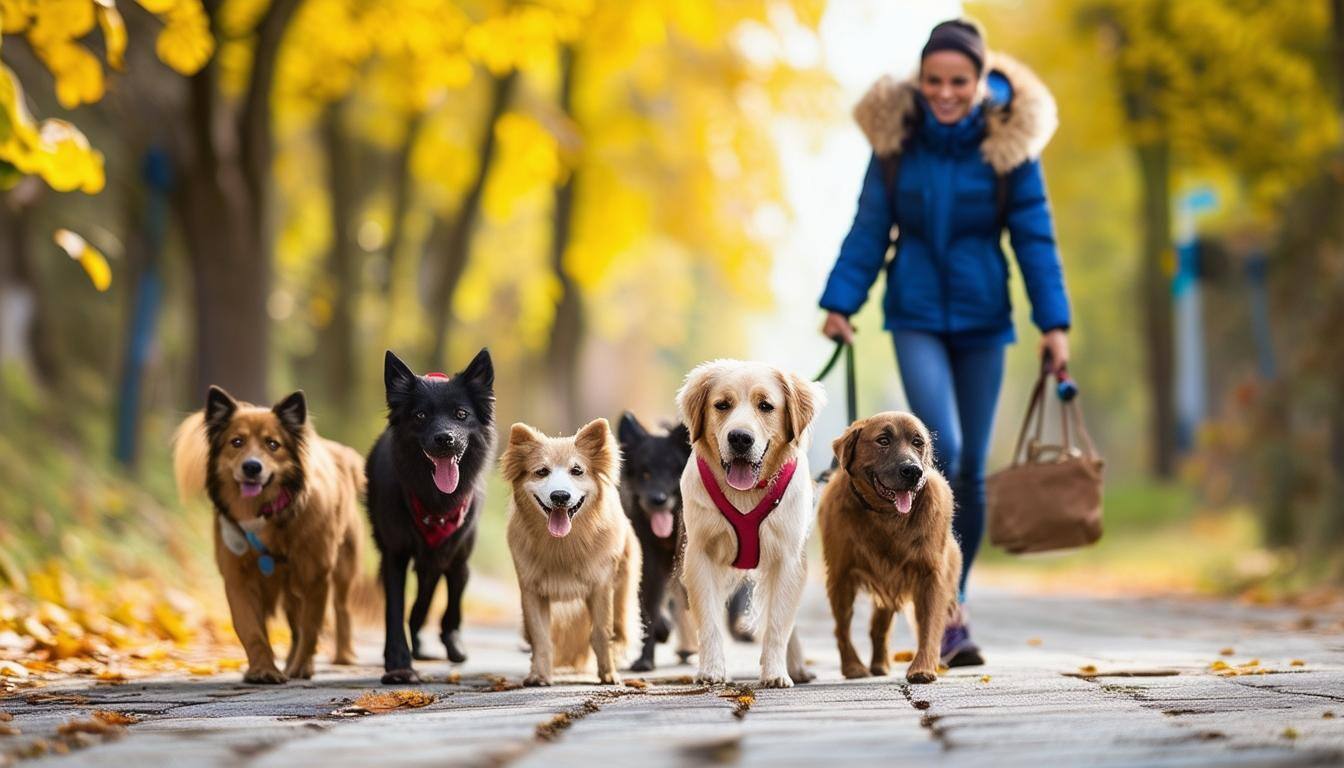 Professional dog walker with happy dogs